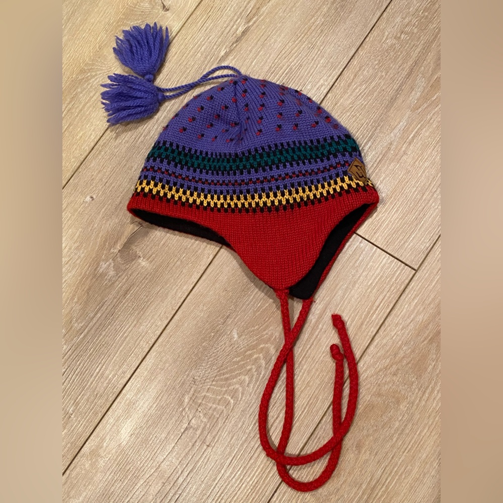 Vtg Merkley Wool Hat Knit Blue Red Beanie Cap Ear Flaps Tassels Canada - Picture 3 of 5